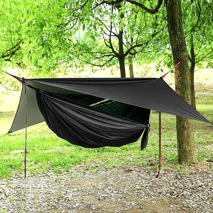 Portable Single Double Nylon High Strength Parachute Hammock Rainfly Set, Camping Hammock with Rain Fly Tarp and Mosquito Net Tent Tree Straps, Backpacking Hiking Travel Yard Outdoor Activities