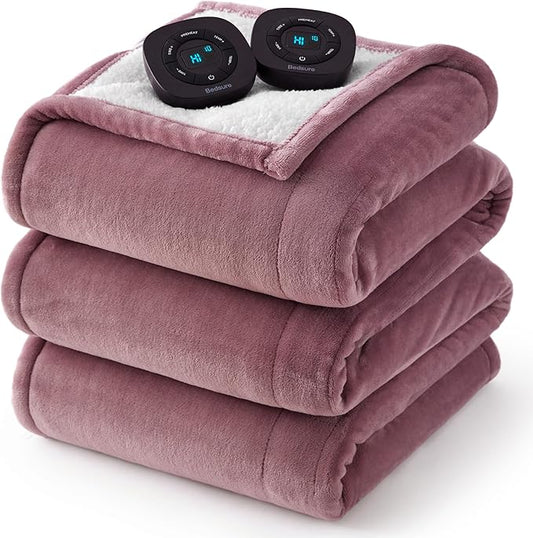 Bedsure Electric Blanket Queen Size - Dual Control Heated Blanket Queen, Fast Heating with 10 Time Settings & 10 Heat Settings, Warm Gift for Grandma (84x90 inches, Woodrose)