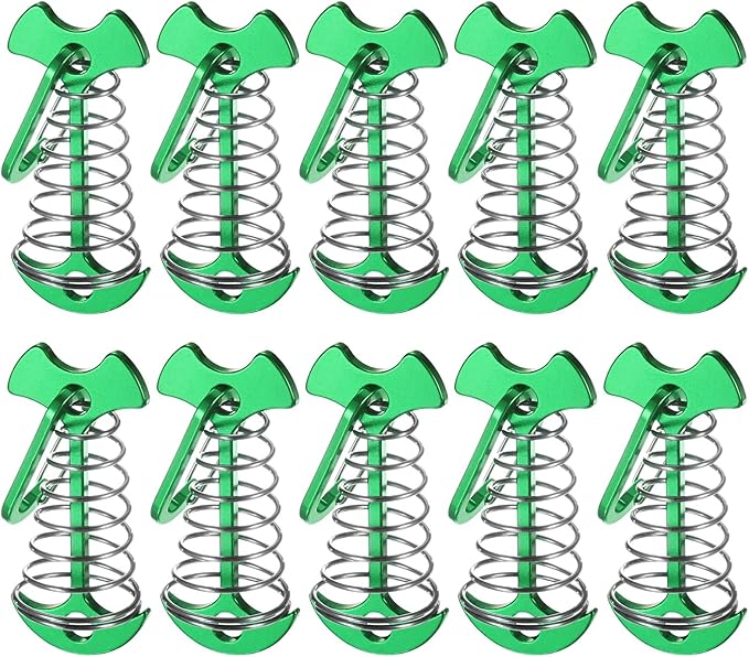 Fishbone Deck Anchor Pegs with Buckles [10PCS] - Aluminium Tent Stakes with Spring Buckle Use for Camping & Hiking - [Green] Windproof Tie Down Tent Stakes