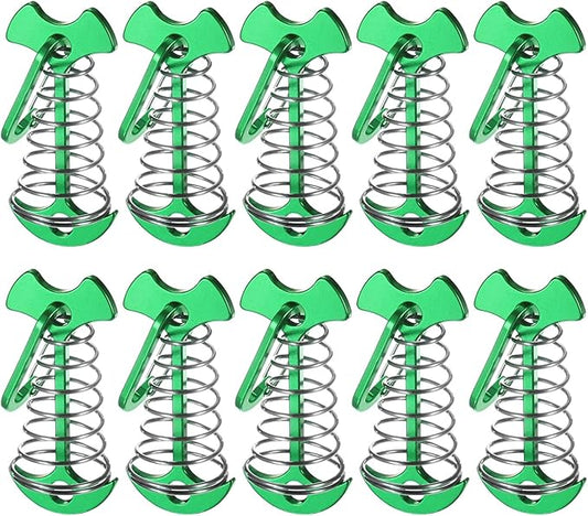 Fishbone Deck Anchor Pegs with Buckles [10PCS] - Aluminium Tent Stakes with Spring Buckle Use for Camping & Hiking - [Green] Windproof Tie Down Tent Stakes