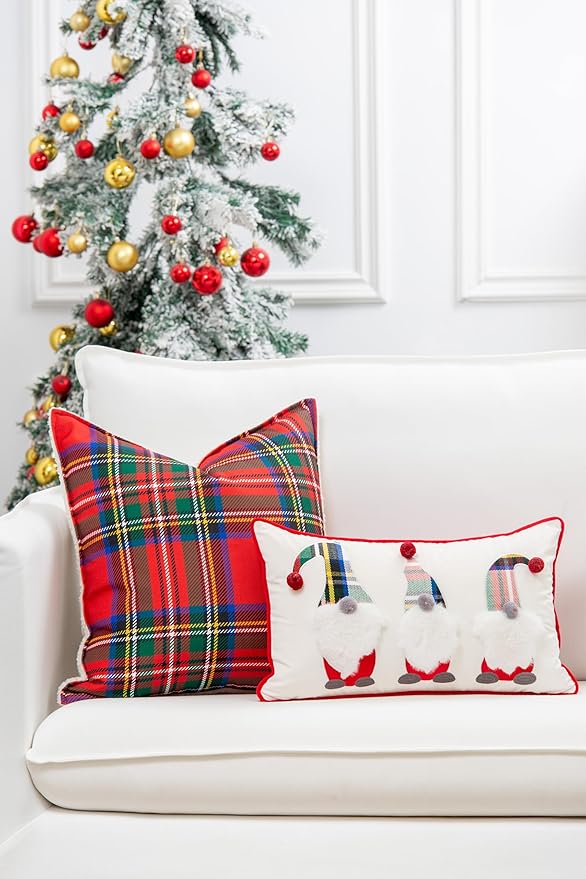 Hofdeco Premium Holiday Winter Soft Velvet Decorative Lumbar Pillow Cover ONLY for Couch, Sofa, Bed, Embroidery Christmas Gnomes, Red, 12"x20"