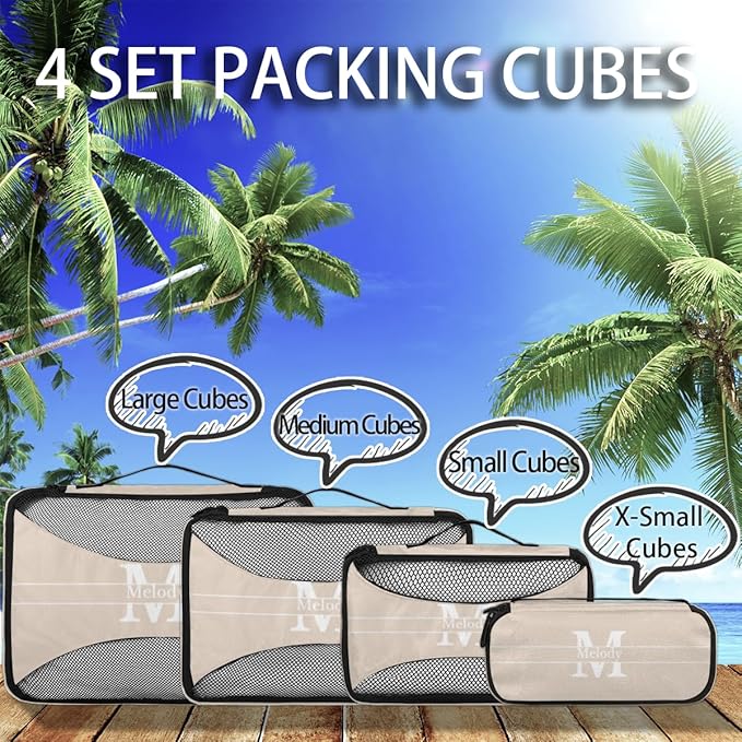 Personalized Compression Packing Cubes with Name Initial Letter, Beige Color 4 Set Mesh Travel Organizer Bags for Carry on, Luggage, Suitcase