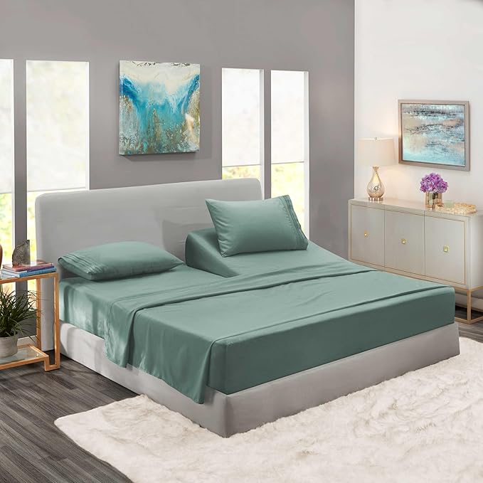 Clara Clark Flex Top King Sheets - Hotel Luxury 6 Piece Bed Sheets for Top Split King Bed - Soft Bedding Sheets & Pillowcases, Head Split King Size. New Sage Green