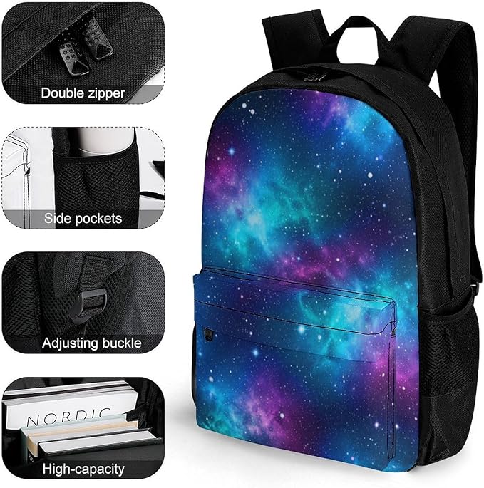 Men Women Polyester Purple Galaxy Blue Casual Daypack Large Capacity Carry On Bag With Adjustable Shoulder Straps for Camping Work Running