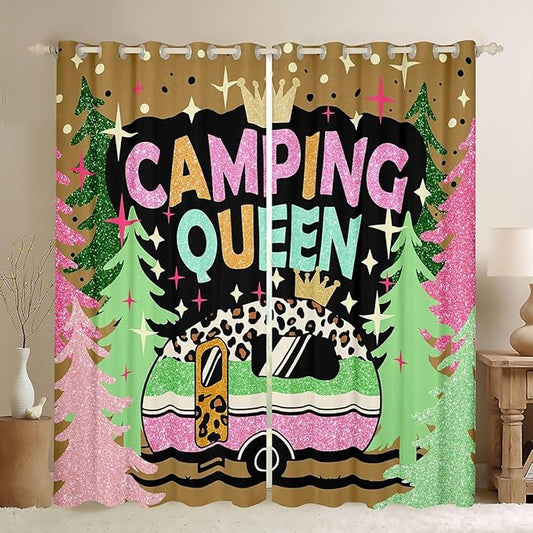 Cartoon Camper Blackout Curtains,Crown Leopard Starry Princess Blackout Curtains,Rustic Pine Tree RV Trailer Boys Girls Room Decor,Pink Green 2 Panels,52Wx84L inch