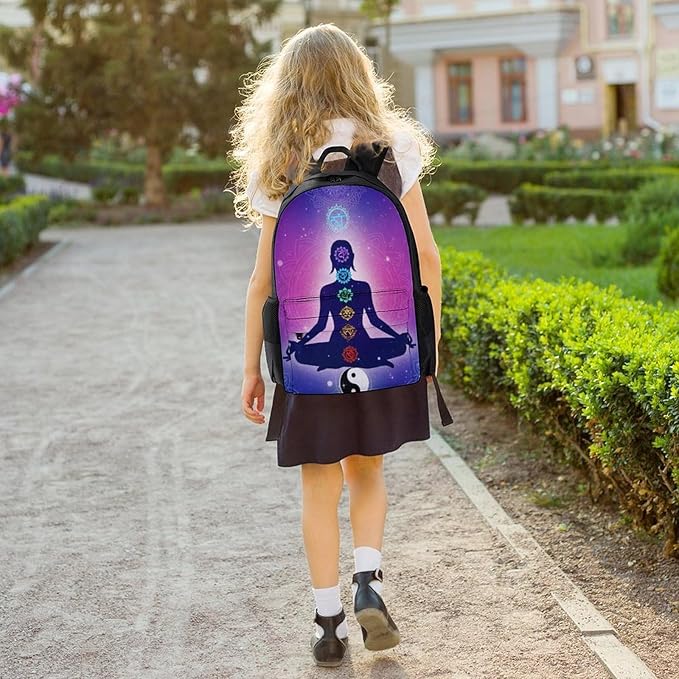 Men Women Polyester Chakra Yoga Meditation Lotus Blue Mandala Daypack Big Capacity Shoulder Bag With Smooth Zippers for Hiking Work Walking Cycling