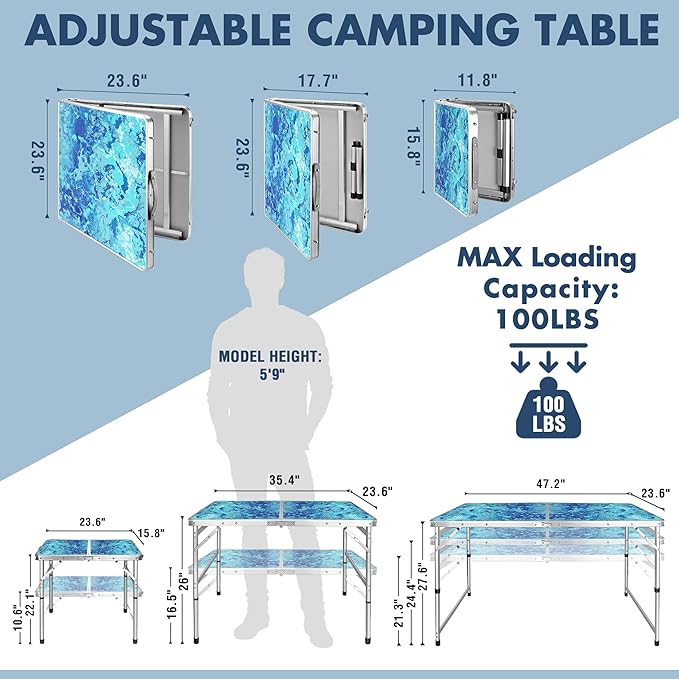 VILLEY Folding Camping Table 2FT, Portable Small Picnic Table with Adjustable Height, Lightweight Aluminum Foldable Table Small Folding Table with Carry Handle for Outdoor Indoor BBQ Hiking Beach
