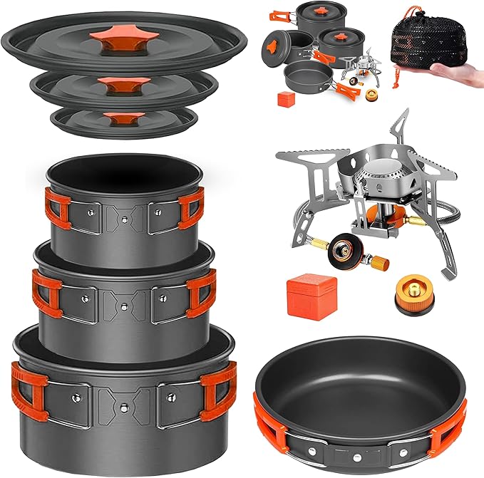 Camping Cookware Mess Kit Set with Stove - Backpacking Camping Pots and Pans Set, All in One Non-Stick Camping Cooking Set, Portable Stove, Hiking, Picnic, Outdoor & Camping Cookware Set