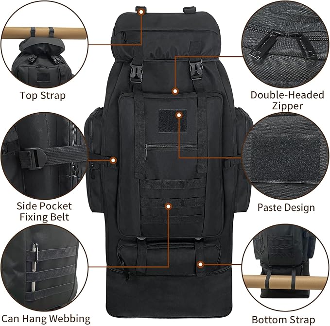 70L/100L Hiking Backpack with USB Charging Port, Expandable Large Military Tactical Backpack, Waterproof MOLLE Rucksack Travel Backpacking Daypack for Camping Climbing (Black)