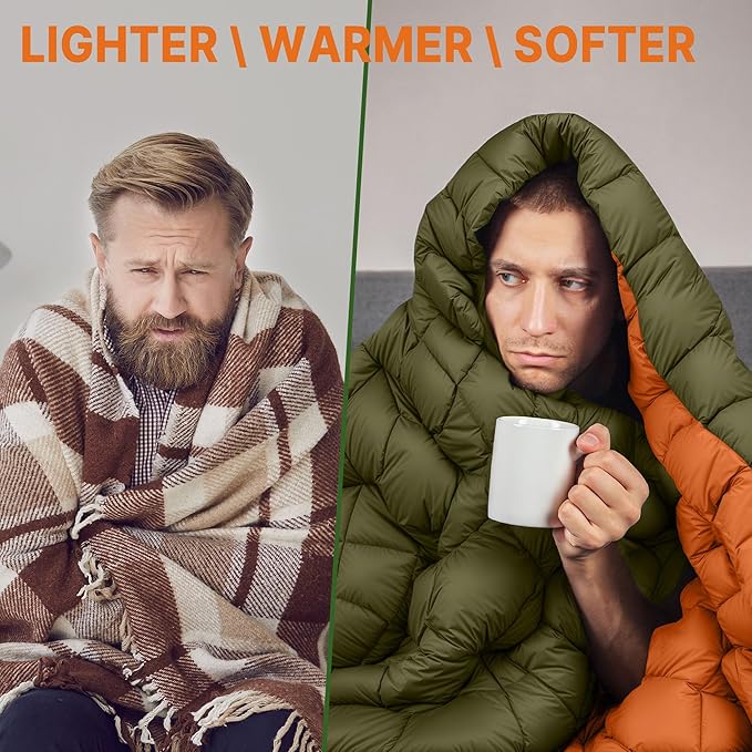 Down Puffy Blanket for Car Camping Outdoor Travel Backpacking, Duck Down Lightweight Portable Soft Warm Cozy Camping Blanket Quilt, 53"x78", Olive Green