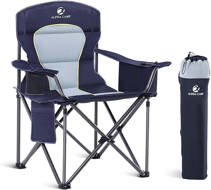 LET'S CAMP Oversized Folding Camping Chair Portable Outdoor Heavy Duty Padded Chairs Lawn Chair with Cup Holder, Storage Pocket and Cooler Bag, Supports 450LBS, for Camp, Travel, Picnic (Blue)