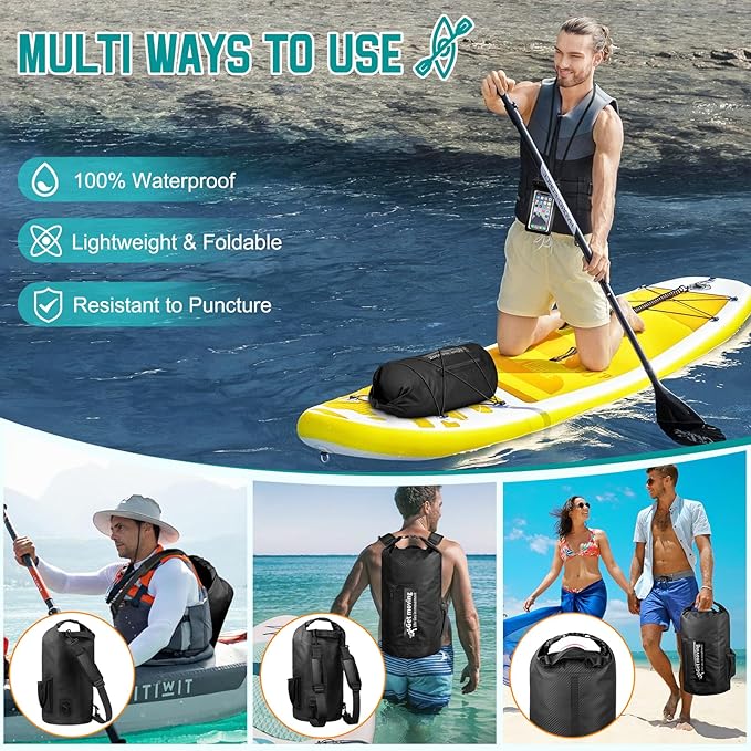 BKNOOU Dry Bag Waterproof for Women Men, 10L/20L Roll Top Lightweight Dry Storage Bag Backpack for Travel, Kayaking, Boating, Rafting, Camping, Hiking and Beach, with Phone Case (Black, 20L)
