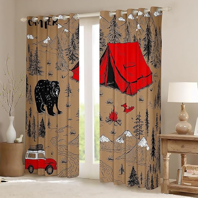 Feelyou Vintage Camper Blackout Curtains Wildlife Animal Bear Darkening Drapes for Bedroom Living Room Decor Happy Camping Thermal Insulated Shades Window Treatments, 2 Panels 38 x 45 Inch
