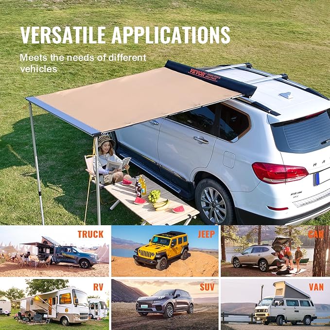 VEVOR Vehicle Awning 6.6'x8.2' Roof Rack Pull-Out Sun Shade UV50+ PU3000mm, Retractable Weatherproof 4x4 Side Awning for SUV Outdoor Camping & Overland (Hardware Included), w/Waterproof Storage Bag