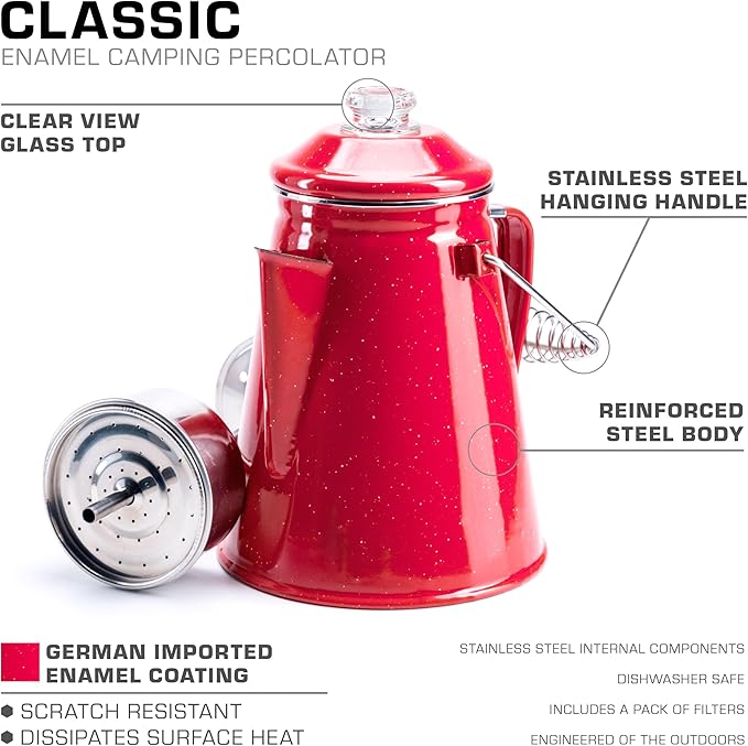 COLETTI Classic Percolator Coffee Pot — Camping Coffee Percolator, Campfire Coffee Pot – Camping Pot for Groups — Brew for the Whole Campsite (Red, 12 Cup)