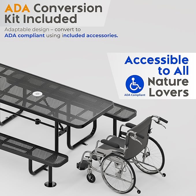 Metal Picnic Furniture for Outdoors with Umbrella Hole - Coated Steel Heavy Duty Commercial Grade Table with Adjustable Seats, Patio Set for a Lifetime (Black, 6' Rectangular, Punched Steel)