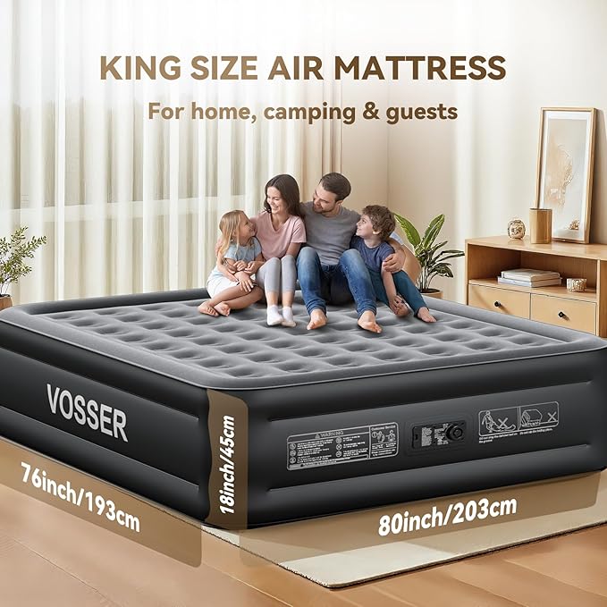 King Size Air Mattress with Built in Pump Raised,18’’King Air Mattress,Blow Up Mattress in 3 Mins,Self Inflatable Mattress for Home,Floor&Travel,Portable Air Bed for Adults,750LB Max,Black