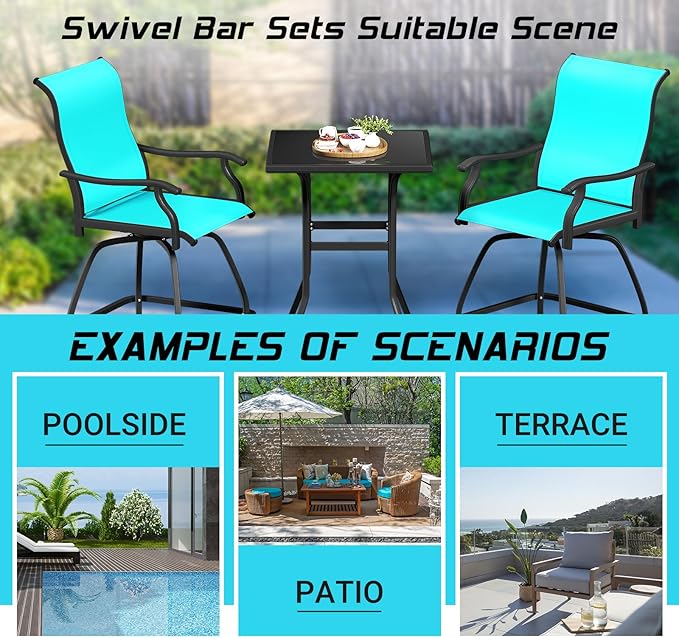 LEVELEVE Patio Bar Set 2pcs Swivel Bar Stools Outdoor Bistro Textilene Furniture Stability All-Weather Set (3, Lake Blue Padded)