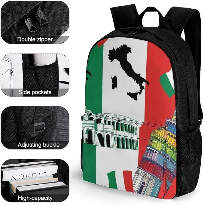 Polyester Daypack Backpack for Climbing Outdoors Running, Big Capacity Multipurpose Anti-Theft Bookbag, Pisa Tower Italian Flag Travel Hiking Camping Rucksack