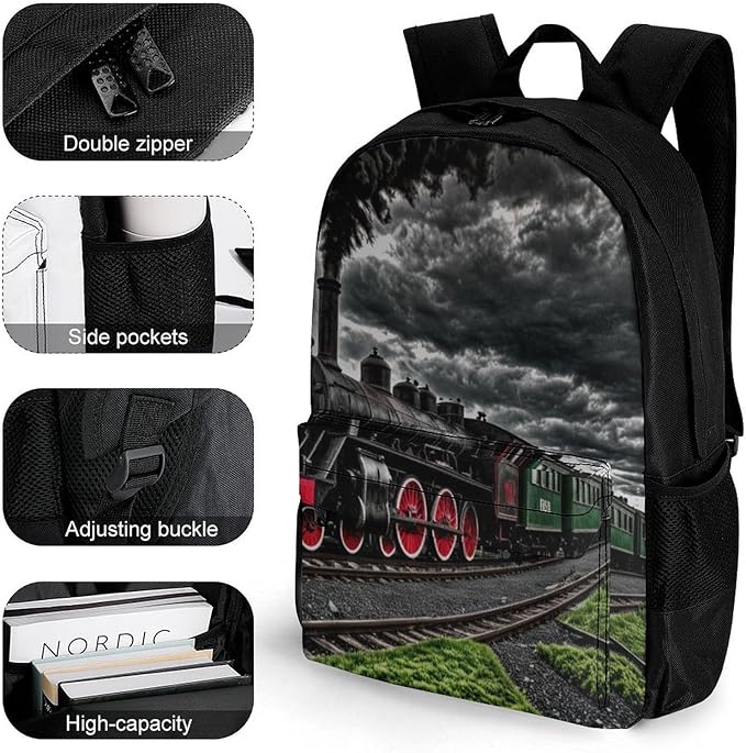 Daypack Anti-Theft Multipurpose Large Capacity Shoulder Bag, Old Train Dark Sky Travel Hiking Camping Rucksack With Smooth Zippers