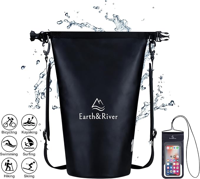 EARTH&RIVER Premium Waterproof Dry Bag Backpack, Extra Thick, Protection for All Water Activities & Camping, Floating Lightweight Dry Bag & IPX8 Waterproof Phone Case (Black, 10L)