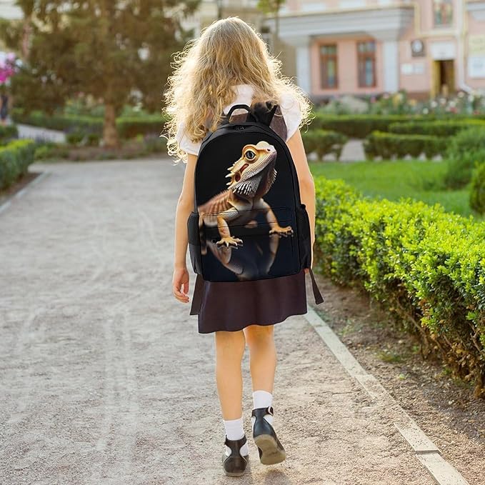 Men Women Polyester Cool Bearded Dragon Lizards Animal Black Daypack Backpack Large Capacity Carry On Bag With Smooth Zippers for Hiking Picnic Walking Cycling
