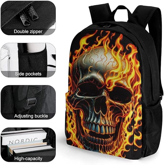 Lightweight Rucksacks for Camping Picnic Walking Cycling, Large Capacity Multipurpose Anti-Theft Carry On Bag, Flaming Fire Skull Travel Hiking Camping Rucksack