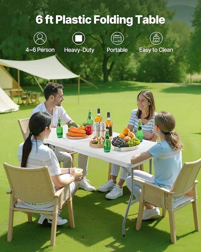 VEVOR Folding Table, 6 Ft Heavy Duty Portable Fold-in-Half Utility Table, Indoor Outdoor Plastic Rectangle Table with Built in Handle, for Party, Dining, Wedding, Events, Picnic, Camping, White