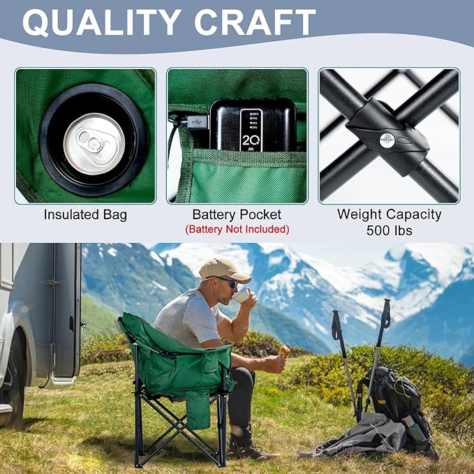 ABORON Oversized Heated Armrest Camping Chair, Portable Heated Folding Recliner Chair with 3 Heat Settings, Fully Padded Heavy Duty Chair Supports Up to 400 lbs, Perfect for Outdoor Adventures