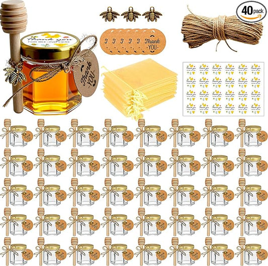 Adabocute Mini Honey Jars - Honey Pot With Honey Dipper, Bee Pendants, Jutes, Tags and Gold Organza Bags - Perfect For Baby Shower Favors, Party Favors and Wedding Favors, 40 Pack 1.5oz