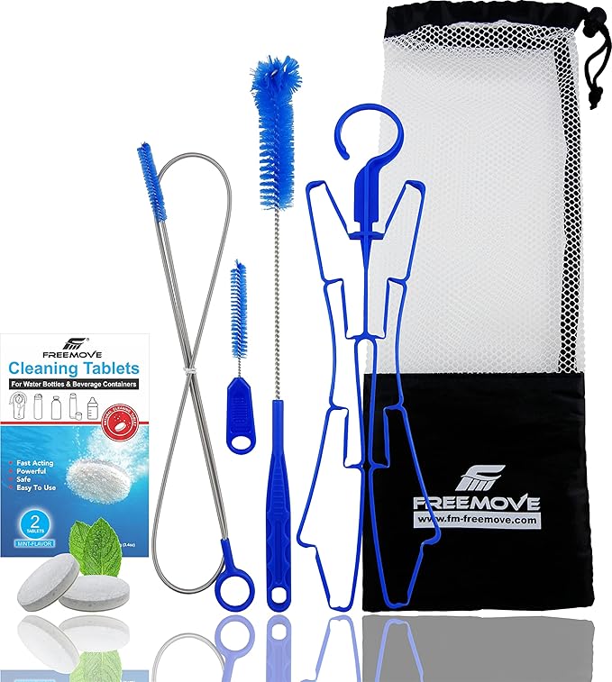 Hydration Bladder Cleaning Kit 6in1 - Clean and Maintain 2L and 3L Water Bladders with Ease - Includes 3 Brushes, Drying Hanger, Carry Bag & 2 Cleaning Tablets For Any Camelback Water Pack Backpack