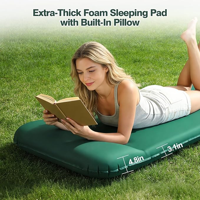 Self Inflating Sleeping Pad, 3.1" Ultra-Thick Memory Foam Sleeping Mat with Pillow, 4-Season Camping Mattress with Foot Pump, 9.5 R-Value Insulated Camp Sleeping Mat for Tent Travel Car