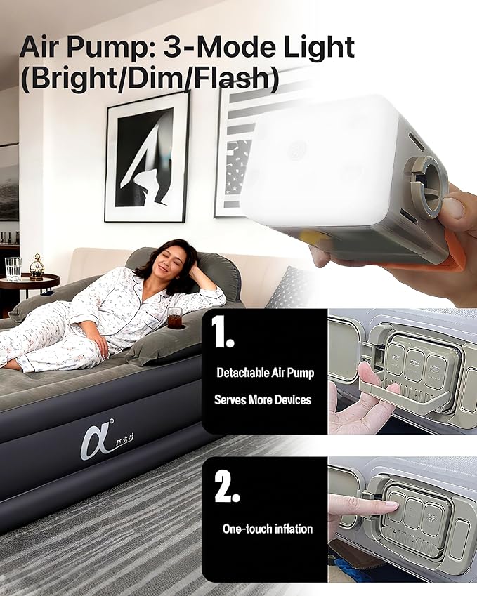 A-ER-FA Twin XL Air Mattress with Headboard and Built in Rechargeable Air Pump & Cup Holder – Premium Comfort Blow Up Mattress & Inflatable Mattress, Colchon Inflable Air Bed for Guests & Home Use