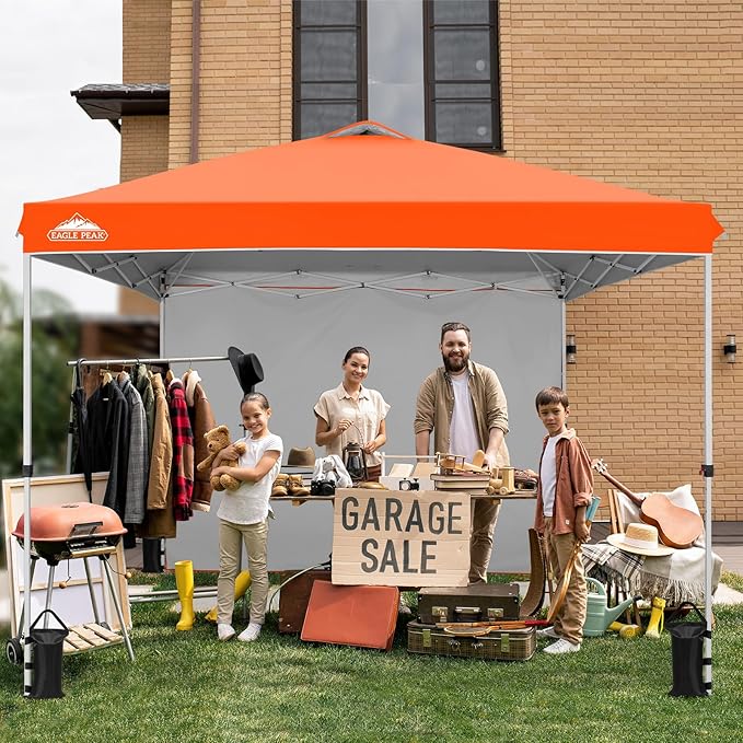EAGLE PEAK Pop Up Canopy Tent with 1 Sidewall, Easy Setup Event Tent, Outdoor Sun Shade, Wheeled Carry Bag, Stakes and Guy Ropes, Instant Canopy 10x10, Orange