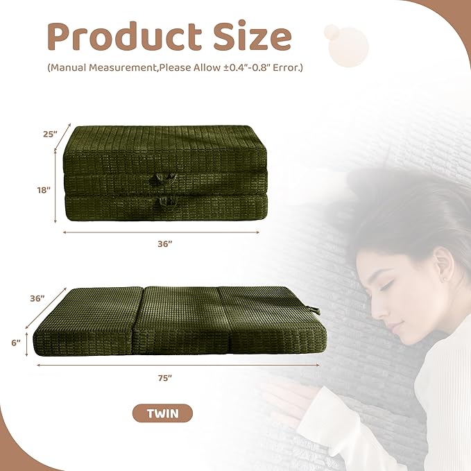 BYBYME Memory Foam Tri-Folding Mattress, 6 Inch Gel Folding Mattress Topper, Foldable Soft Guest Bed Camping Pad, with Washable Cover
