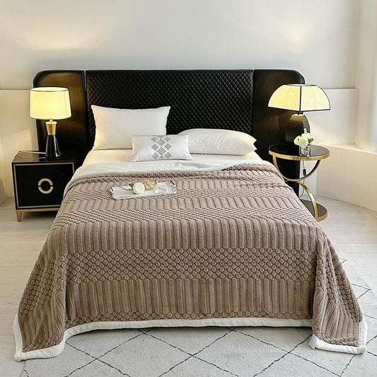 UKELER Sherpa Bed Blanket 80 × 90 inch, Ultra Soft Queen Size Throw Blanket for All Season, Cozy Plush Striped Fleece Blankets for Bedroom Living Room Dorm Hostel Sofa Camping, Coffee