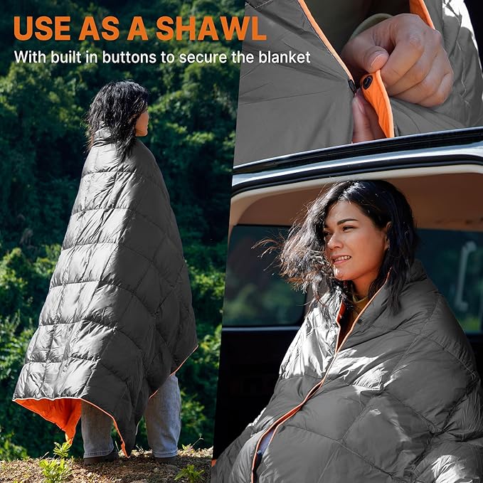 Down Puffy Blanket for Car Camping Outdoor Travel Backpacking, Duck Down Lightweight Portable Soft Warm Cozy Camping Blanket Quilt, 53"x78", Light Gray