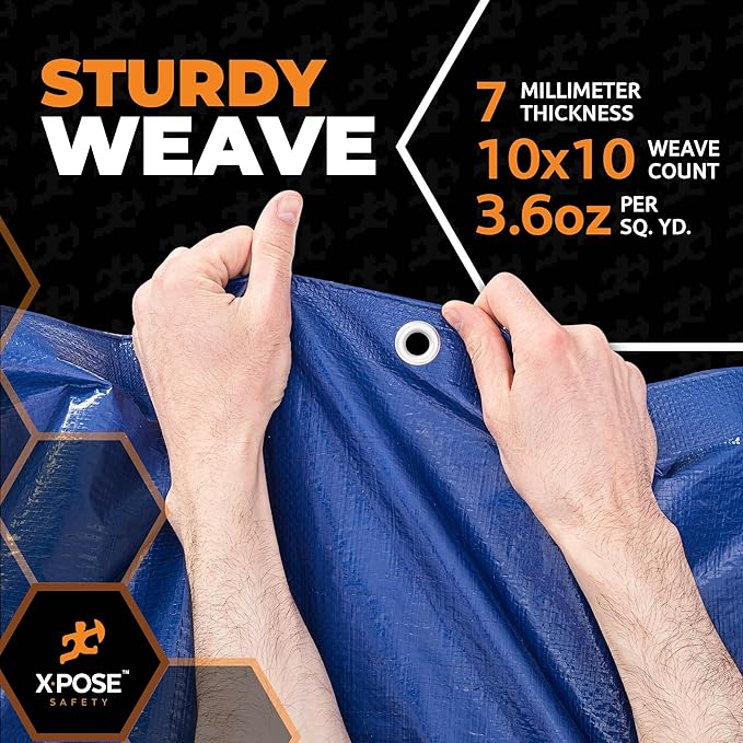 Xpose Safety 6’ x 8’ Heavy Blue/Brown Tarp - Waterproof - 7 Mil Weatherproof Camping Tarp for Tent, Rain, Wind & Sun - Plastic Tarpaulin Cover Outdoor for Roof, Trailer, RV, Car, Boat