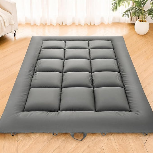 Japanese Floor Mattress, Foldable Futon Mattress Tatami Mat with Handle, Roll Up Dormitory Sleeping Pad for Camping, Guestroom Bed, Queen Size, Grey