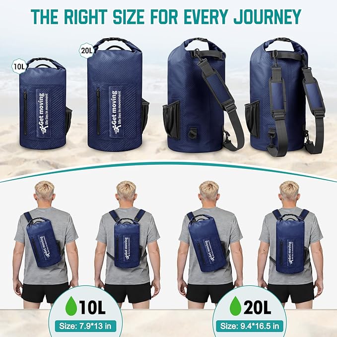 BKNOOU Dry Bag Waterproof for Women Men, 10L/20L Roll Top Lightweight Dry Storage Bag Backpack for Travel, Kayaking, Boating, Rafting, Camping, Hiking and Beach, with Phone Case (Navy Blue, 10L)