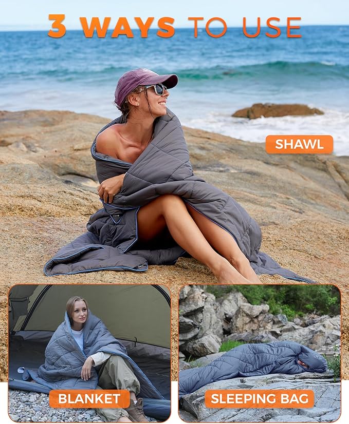 KingCamp Ultralight Camping Blanket, Packable Down Alternative Puffy Wearable Blankets Weatherproof Warm Package Quilt with Snap Buttons for Outdoor Hiking Travel Picnic Stadium (69" x 53", Charcoal)