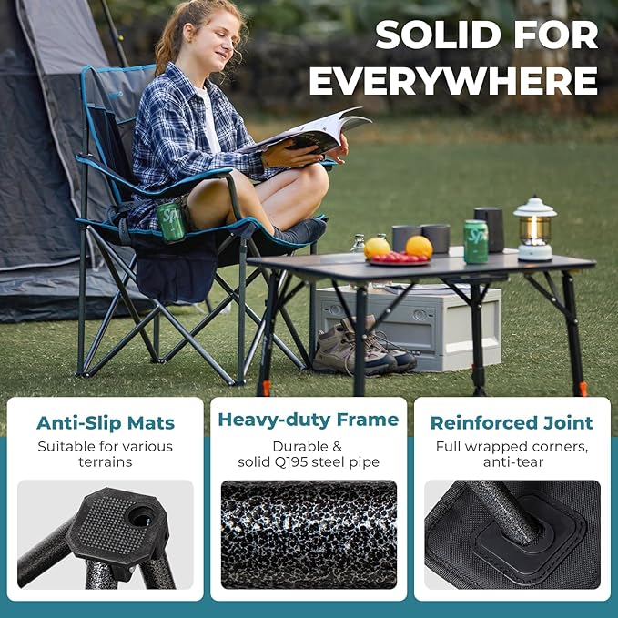 FUNDANGO Oversized Camping Chair for Adults, 2 Pack, Heavy Duty Foldable Portable Lawn Chair with Padded Seat & Back, Lumbar Support, 4-can Cooler & Cup Holder, Carry Bag Included for Outdoor (Black)
