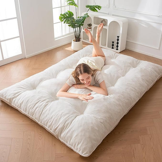 MAXYOYO Floor Mattress Full Size, 6" Chenille Japanese Futon Mattress Foldable Floor Bed for Adults Tufted Roll Up Floor Couch Bed, Tatami Mat Sleeping Pad for Living Room, Bedroom, Beige
