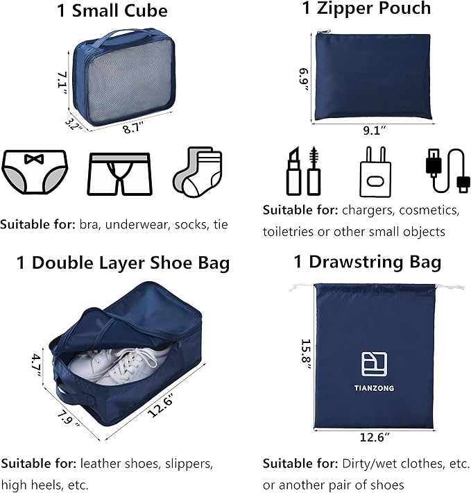 tianzong 7-piece Set Packing Cubes, Travel Bags for Luggage, Packing Organizers with Shoe Bag (Navy Blue)