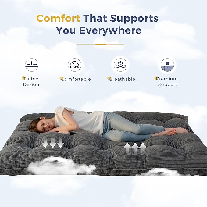 MAXYOYO 6" Japanese Floor Mattress, Foldable Futon Mattress Full Size, Tufted Roll Up Floor Bed, Thick Tatami Mat Sleeping Pad Portable Lounger for Camping Guest Room Dormitory Bedroom RV, Dark Grey
