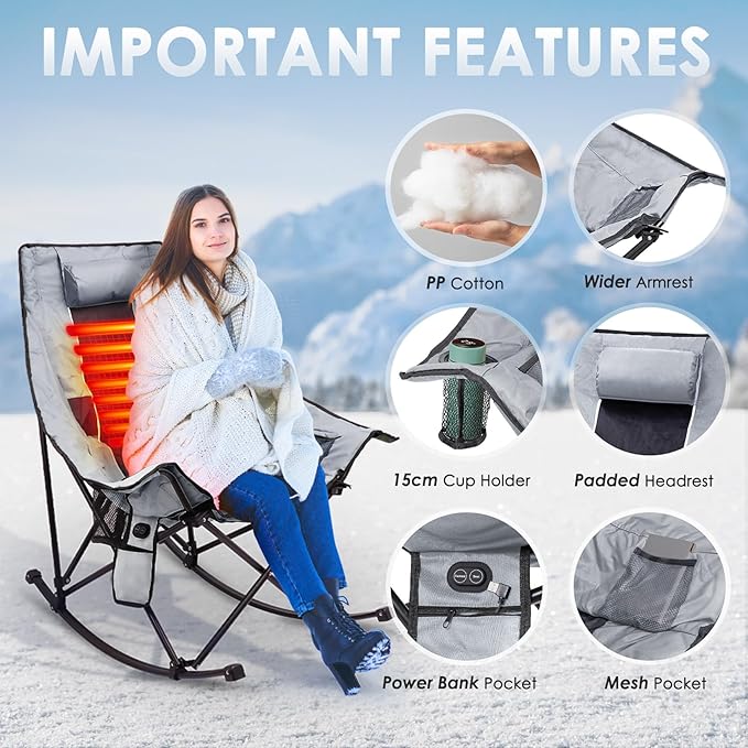 Suteck Heated Rocking Camping Chair, XL Oversized Rocking Chair Outdoor with 3 Heat Levels for Back and Seat, Heated Chairs Outdoor Sports for Patio Lawn Picnic Travel, Battery(Not Included)