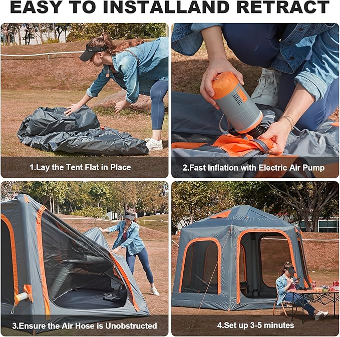 Inflatable Tents for Camping with Stove Jack, 2/4/6/8 Person Easy Setup Blow Up Tents for 4 Seasons Waterproof Inflatable Camping Tent with Awning, Air House Glamping Tents for Camping Adult
