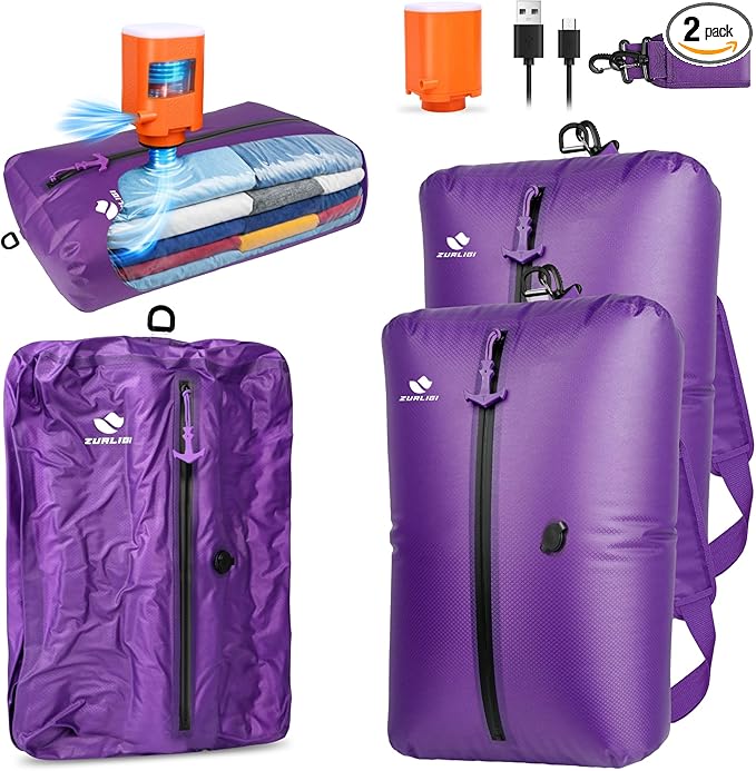 Zurligi Travel Vacuum Bags with Shoulder Strap & Mini Pump – IPX8 Waterproof Vacuum Seal Reusable 39L Carry-On Compression Bags for Clothes, Suitcase & Luggage(2-Pack, Purple)