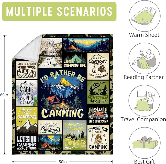 Camping Gifts, Camping Gifts for Men, Cool Camping Gifts for Camper, Unique Gifts for Camping Lovers, Dad Camping Gifts Ideas, Camping Christmas Throw Blanket Gifts 60"x50"