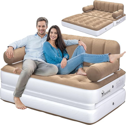 YITAHOME Queen Size Inflatable Sofa Bed with Headboard and Pump, Convertible Blow Up Couch, 2-in-1 Brown Air Sofa Bed for Home, Camping, and Guests, Brown